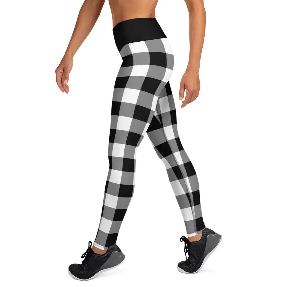 Black And White Buffalo Plaid Yoga Leggings Pants Women, Check Lumberjack Winter Christmas Tartan Printed Workout High Waisted Tights