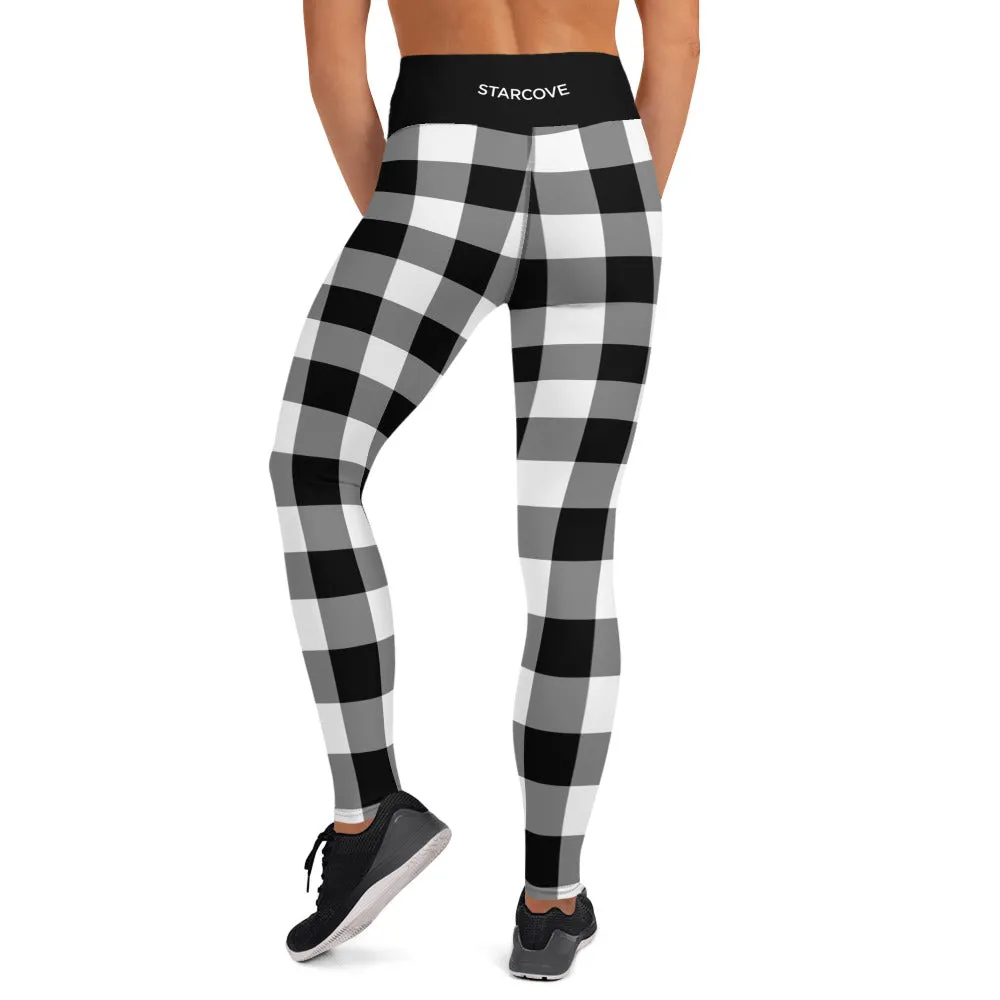 Black And White Buffalo Plaid Yoga Leggings Pants Women, Check Lumberjack Winter Christmas Tartan Printed Workout High Waisted Tights