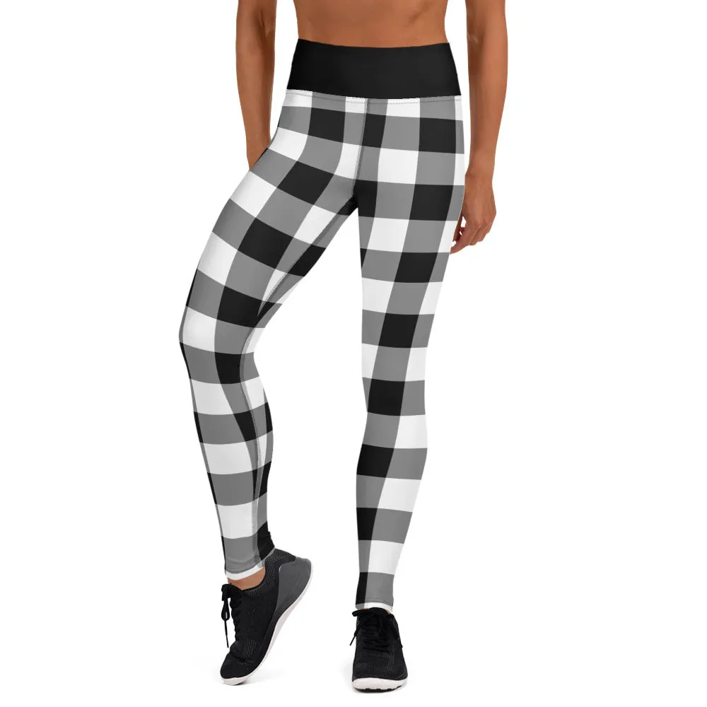 Black And White Buffalo Plaid Yoga Leggings Pants Women, Check Lumberjack Winter Christmas Tartan Printed Workout High Waisted Tights