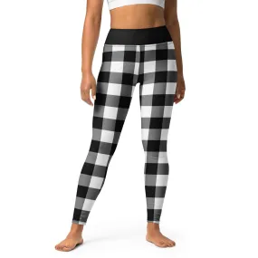 Black And White Buffalo Plaid Yoga Leggings Pants Women, Check Lumberjack Winter Christmas Tartan Printed Workout High Waisted Tights