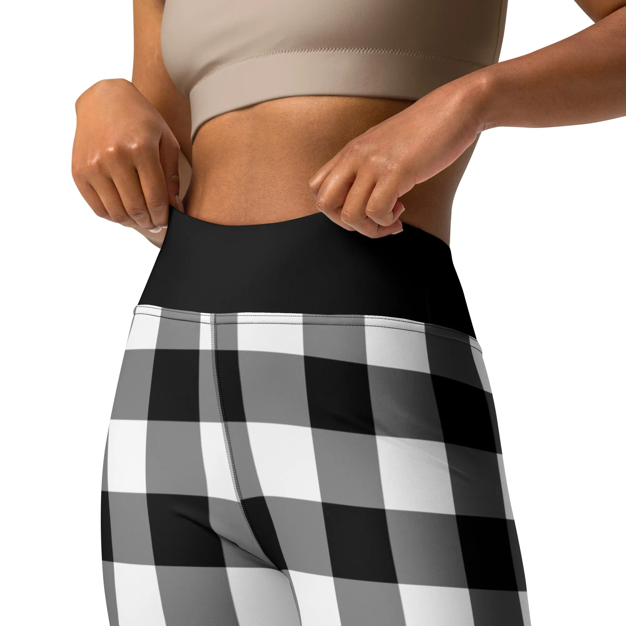 Black And White Buffalo Plaid Yoga Leggings Pants Women, Check Lumberjack Winter Christmas Tartan Printed Workout High Waisted Tights