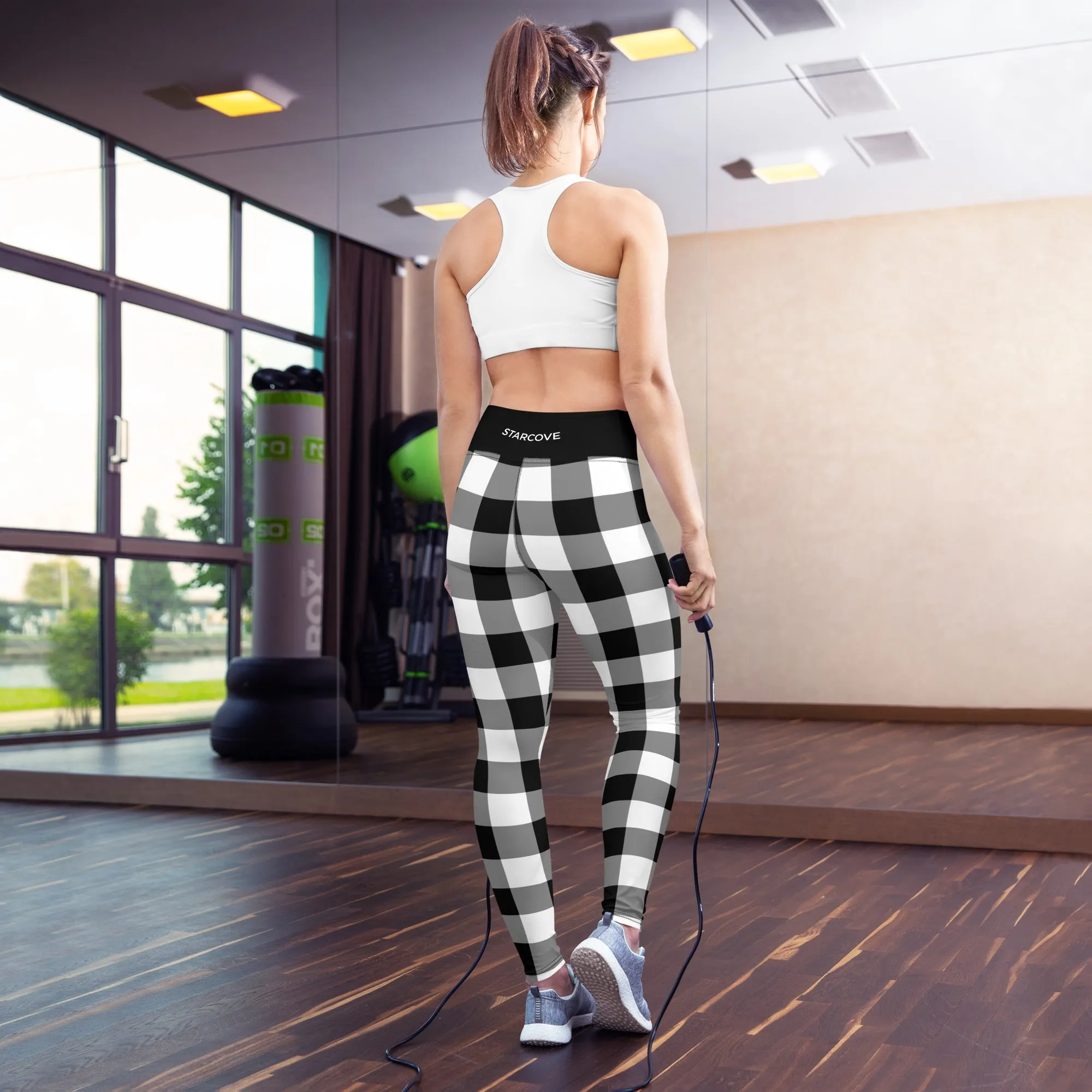 Black And White Buffalo Plaid Yoga Leggings Pants Women, Check Lumberjack Winter Christmas Tartan Printed Workout High Waisted Tights