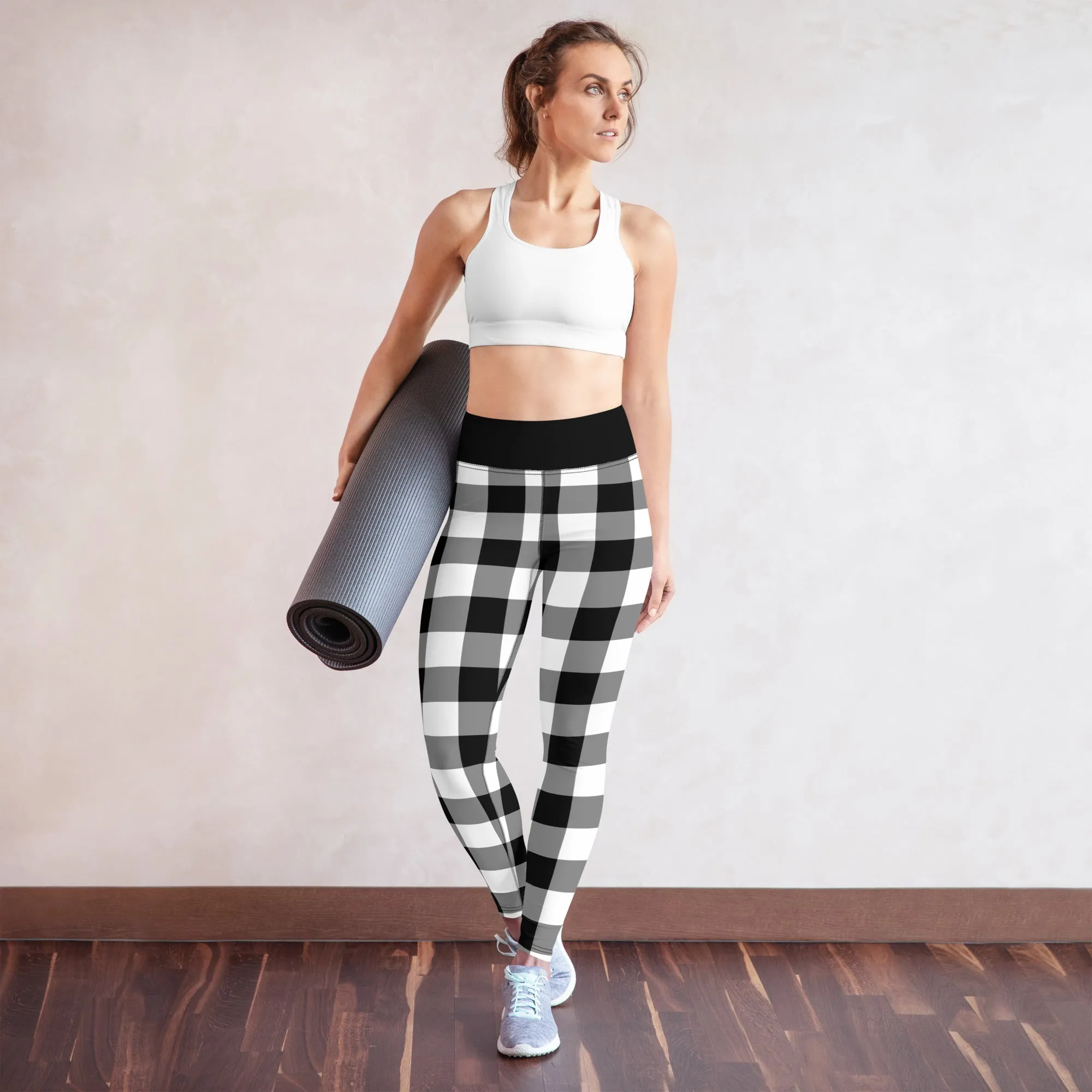 Black And White Buffalo Plaid Yoga Leggings Pants Women, Check Lumberjack Winter Christmas Tartan Printed Workout High Waisted Tights