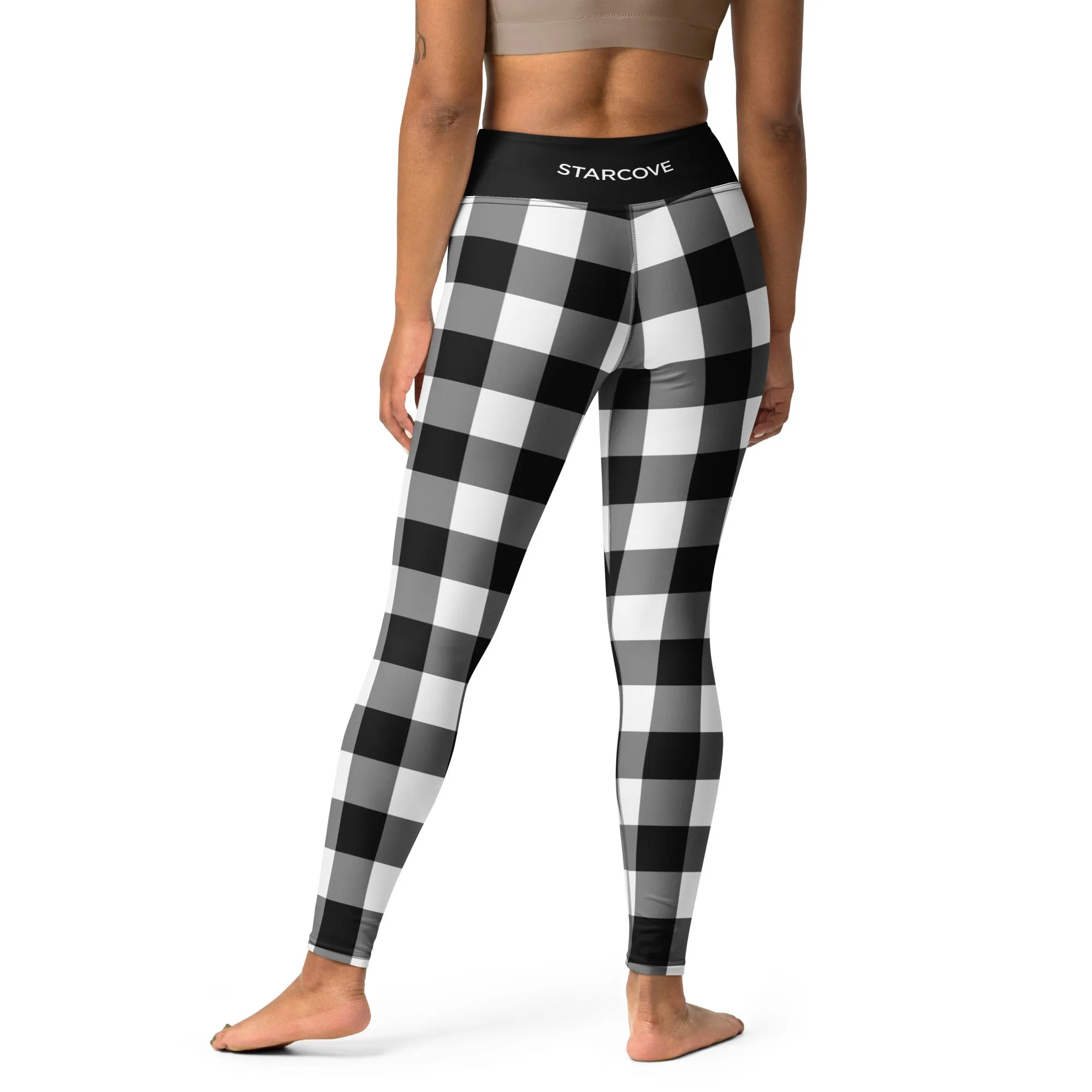 Black And White Buffalo Plaid Yoga Leggings Pants Women, Check Lumberjack Winter Christmas Tartan Printed Workout High Waisted Tights