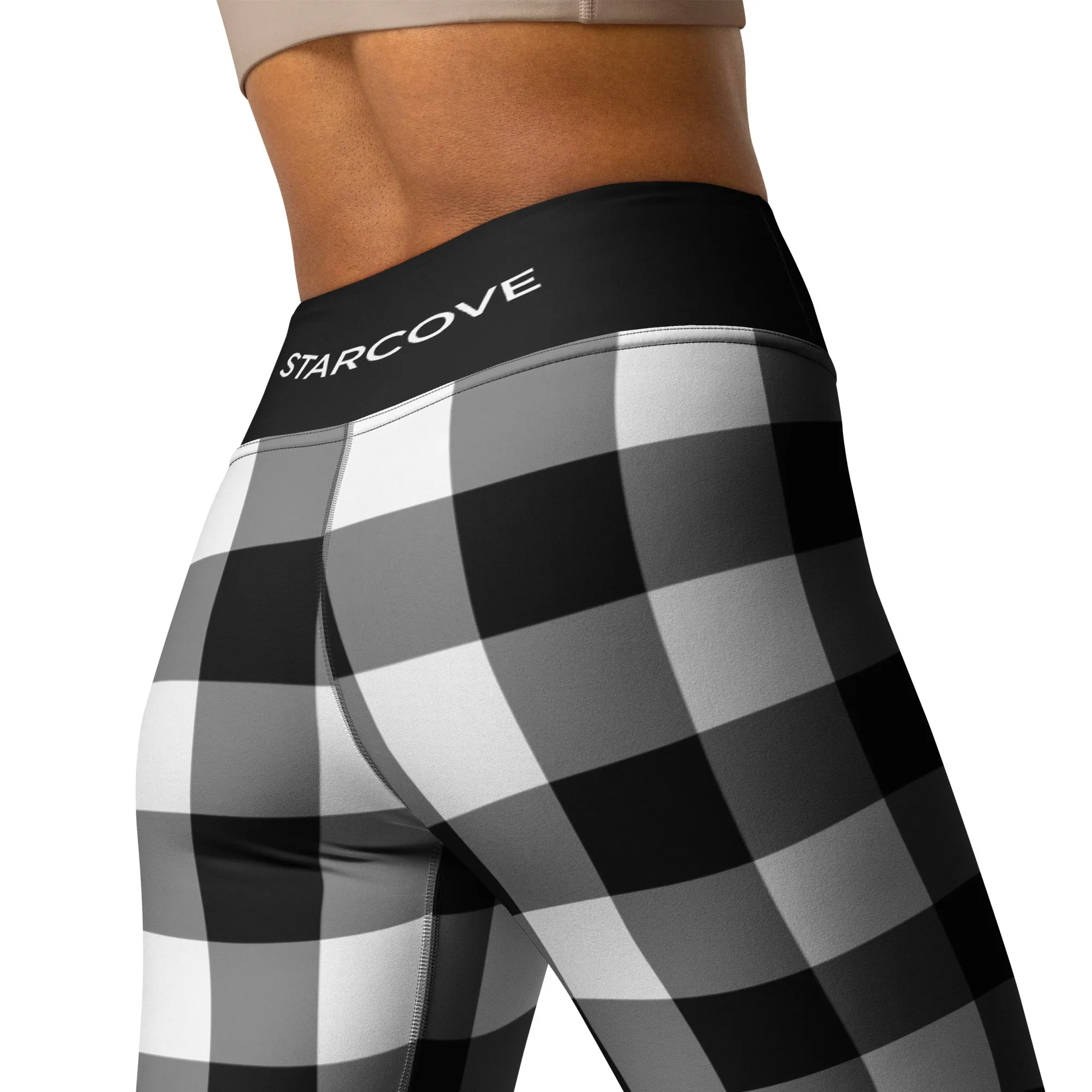 Black And White Buffalo Plaid Yoga Leggings Pants Women, Check Lumberjack Winter Christmas Tartan Printed Workout High Waisted Tights