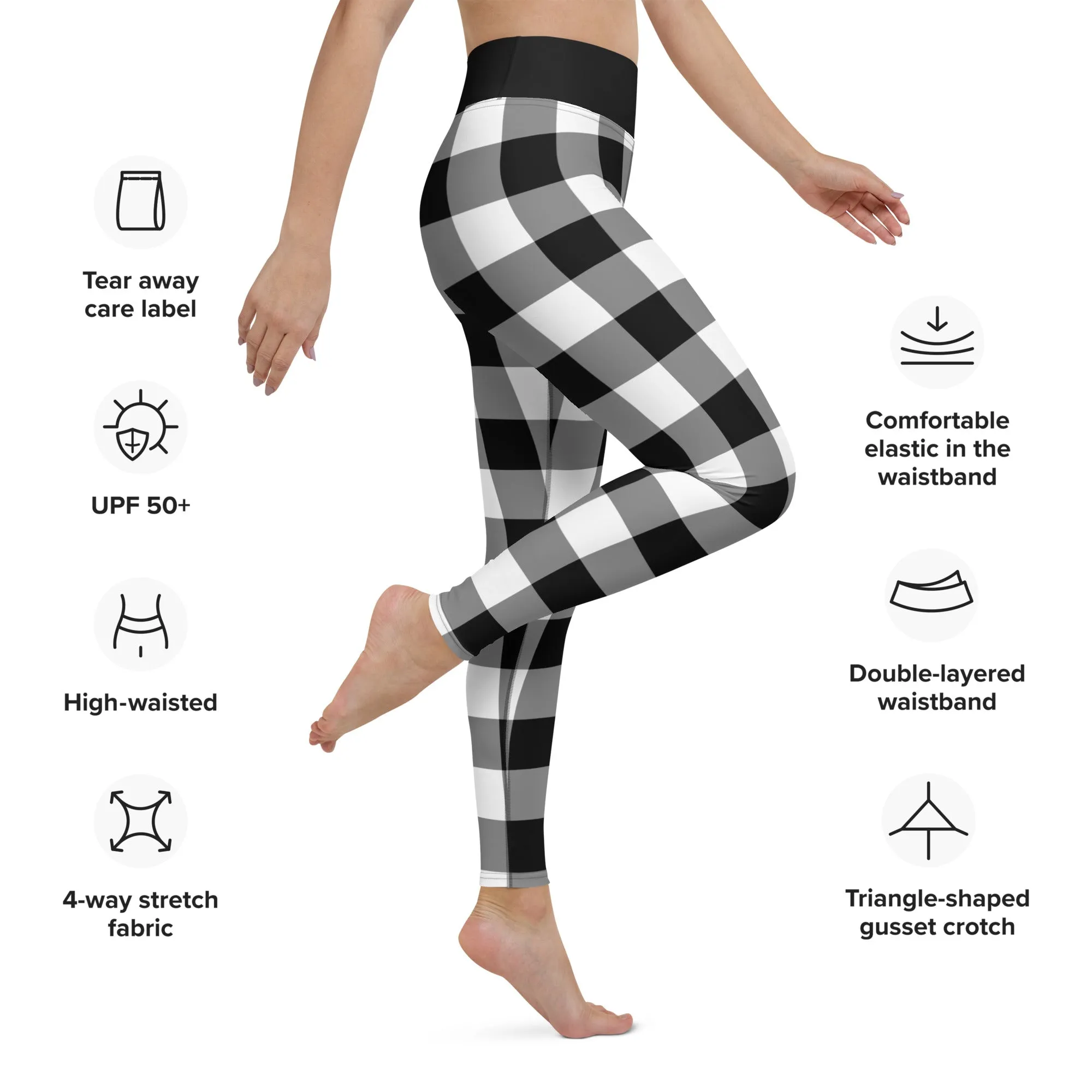 Black And White Buffalo Plaid Yoga Leggings Pants Women, Check Lumberjack Winter Christmas Tartan Printed Workout High Waisted Tights