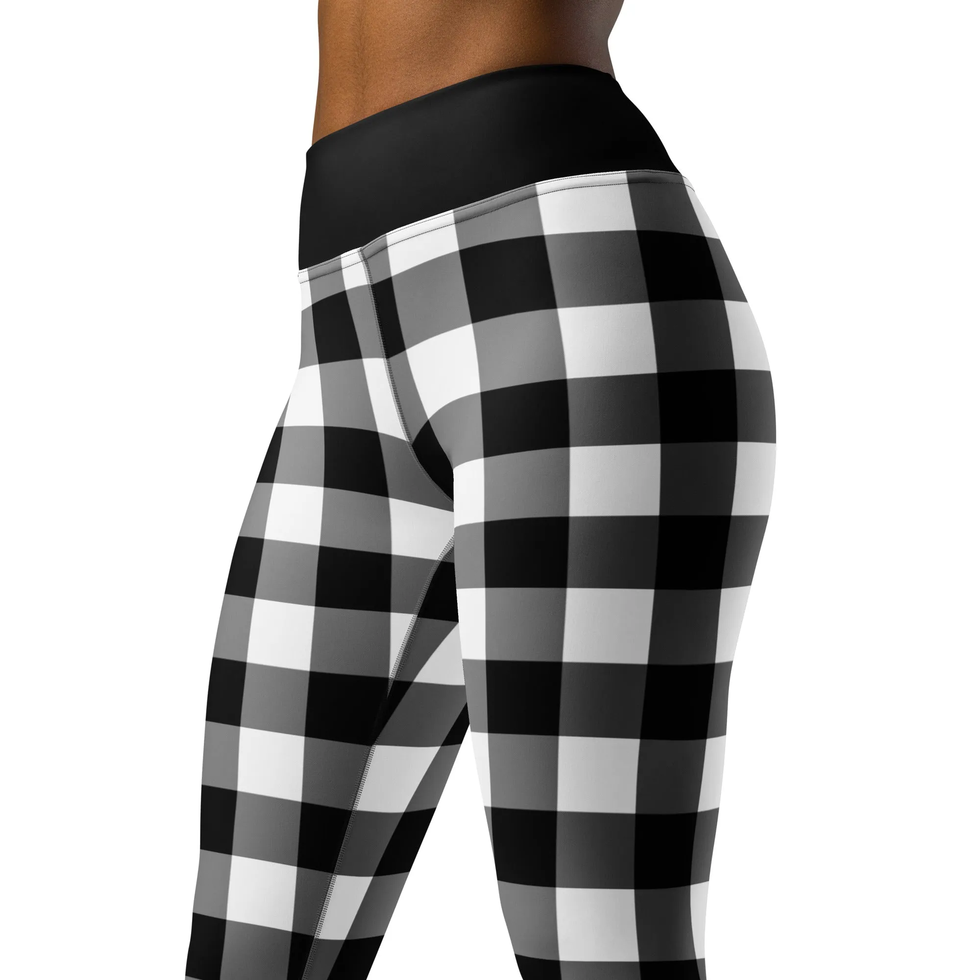 Black And White Buffalo Plaid Yoga Leggings Pants Women, Check Lumberjack Winter Christmas Tartan Printed Workout High Waisted Tights