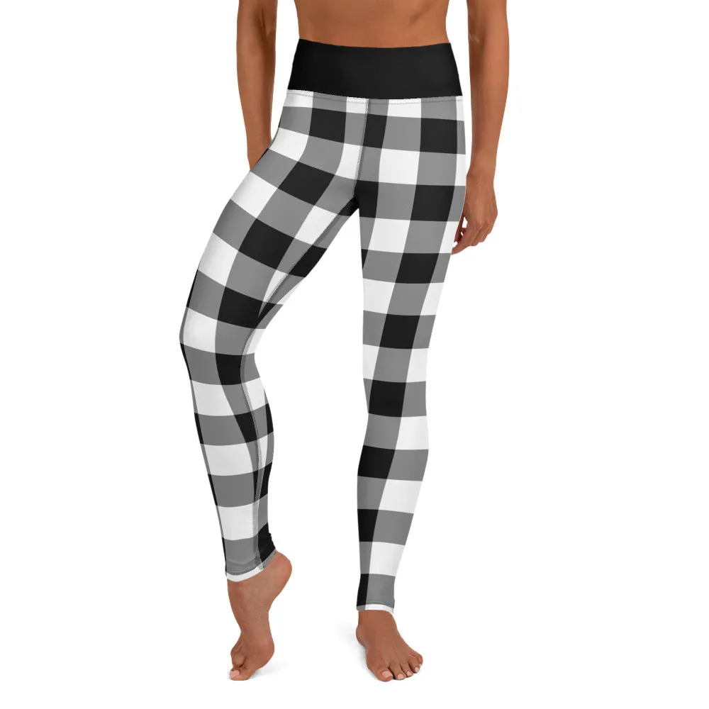 Black And White Buffalo Plaid Yoga Leggings Pants Women, Check Lumberjack Winter Christmas Tartan Printed Workout High Waisted Tights