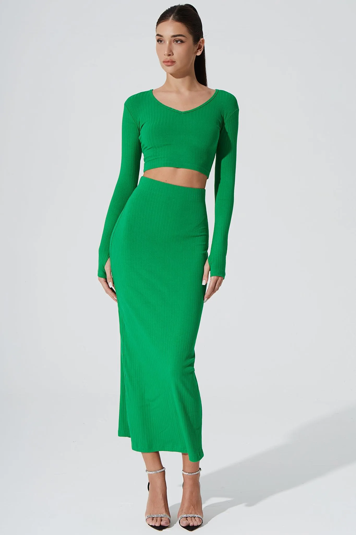 Calista Knitted Slit Skirt - Fern Green
