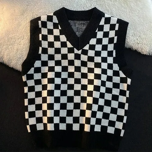 Checkerboard Plaid Sweater Vest For Women Vintage Print Knitted Mini