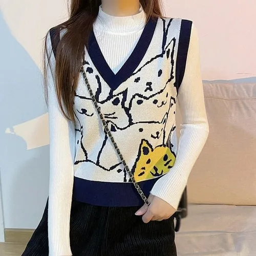 Checkerboard Plaid Sweater Vest For Women Vintage Print Knitted Mini