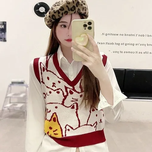 Checkerboard Plaid Sweater Vest For Women Vintage Print Knitted Mini