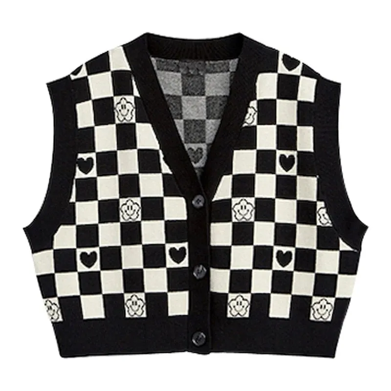 Checkerboard Plaid Sweater Vest For Women Vintage Print Knitted Mini