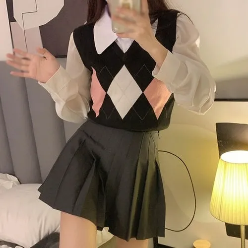 Checkerboard Plaid Sweater Vest For Women Vintage Print Knitted Mini