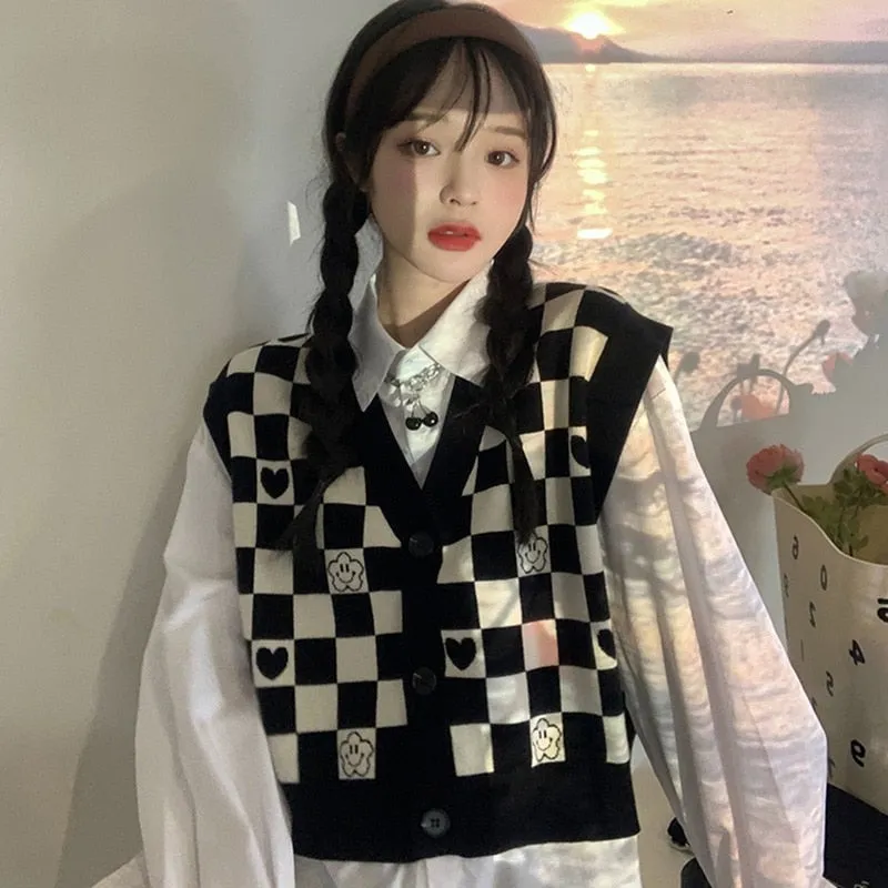 Checkerboard Plaid Sweater Vest For Women Vintage Print Knitted Mini