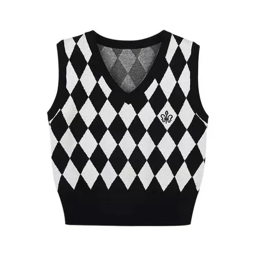 Checkerboard Plaid Sweater Vest For Women Vintage Print Knitted Mini