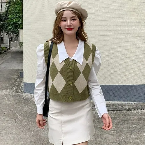 Checkerboard Plaid Sweater Vest For Women Vintage Print Knitted Mini