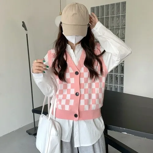 Checkerboard Plaid Sweater Vest For Women Vintage Print Knitted Mini