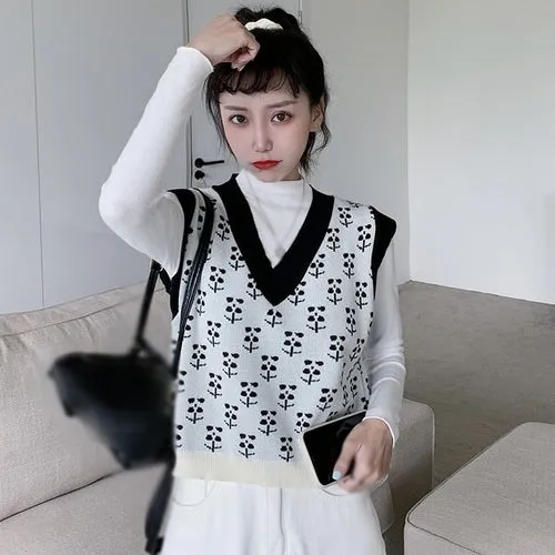 Checkerboard Plaid Sweater Vest For Women Vintage Print Knitted Mini