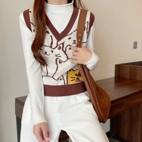 Checkerboard Plaid Sweater Vest For Women Vintage Print Knitted Mini