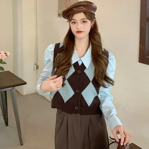 Checkerboard Plaid Sweater Vest For Women Vintage Print Knitted Mini