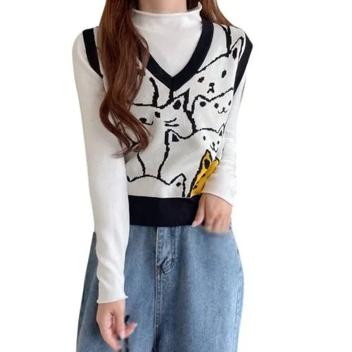 Checkerboard Plaid Sweater Vest For Women Vintage Print Knitted Mini