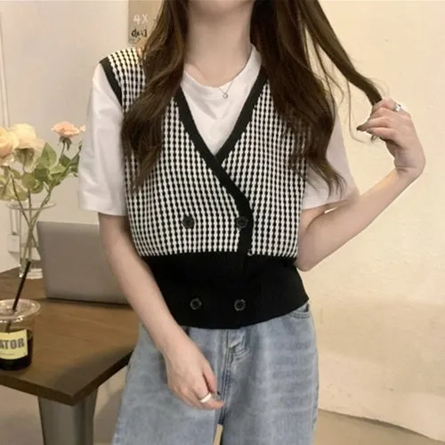 Checkerboard Plaid Sweater Vest For Women Vintage Print Knitted Mini