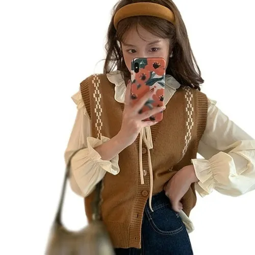 Checkerboard Plaid Sweater Vest For Women Vintage Print Knitted Mini