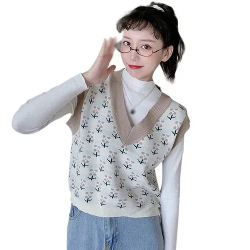 Checkerboard Plaid Sweater Vest For Women Vintage Print Knitted Mini