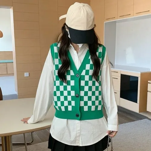 Checkerboard Plaid Sweater Vest For Women Vintage Print Knitted Mini