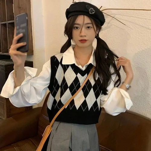Checkerboard Plaid Sweater Vest For Women Vintage Print Knitted Mini