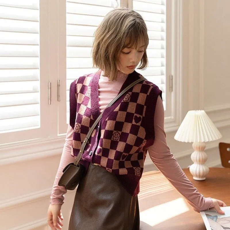 Checkerboard Plaid Sweater Vest For Women Vintage Print Knitted Mini