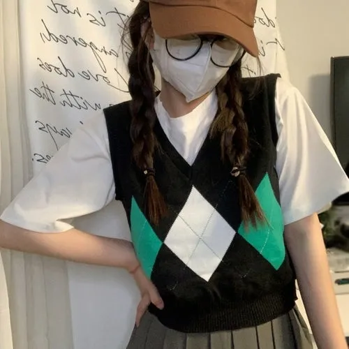 Checkerboard Plaid Sweater Vest For Women Vintage Print Knitted Mini