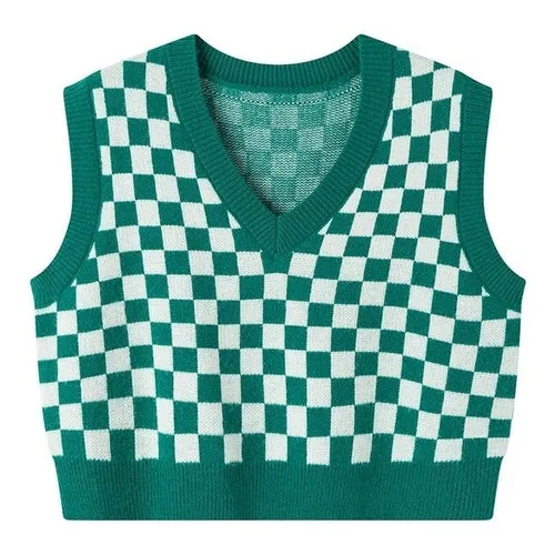 Checkerboard Plaid Sweater Vest For Women Vintage Print Knitted Mini