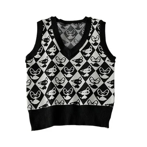 Checkerboard Plaid Sweater Vest For Women Vintage Print Knitted Mini