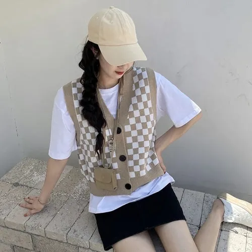 Checkerboard Plaid Sweater Vest For Women Vintage Print Knitted Mini