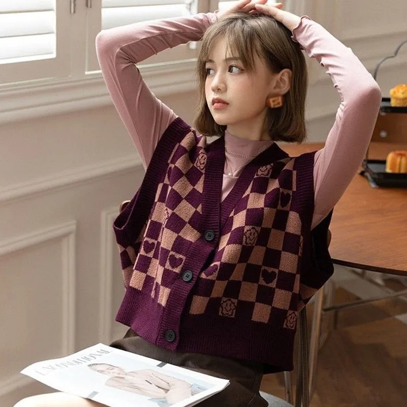 Checkerboard Plaid Sweater Vest For Women Vintage Print Knitted Mini