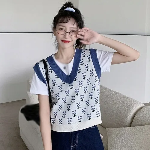 Checkerboard Plaid Sweater Vest For Women Vintage Print Knitted Mini