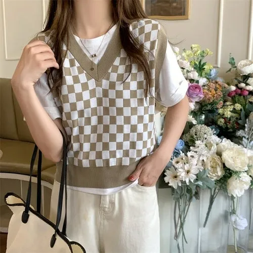 Checkerboard Plaid Sweater Vest For Women Vintage Print Knitted Mini