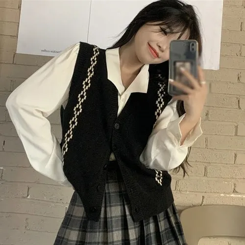 Checkerboard Plaid Sweater Vest For Women Vintage Print Knitted Mini