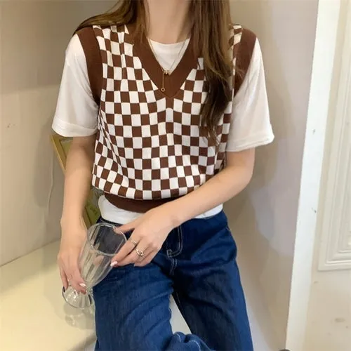 Checkerboard Plaid Sweater Vest For Women Vintage Print Knitted Mini