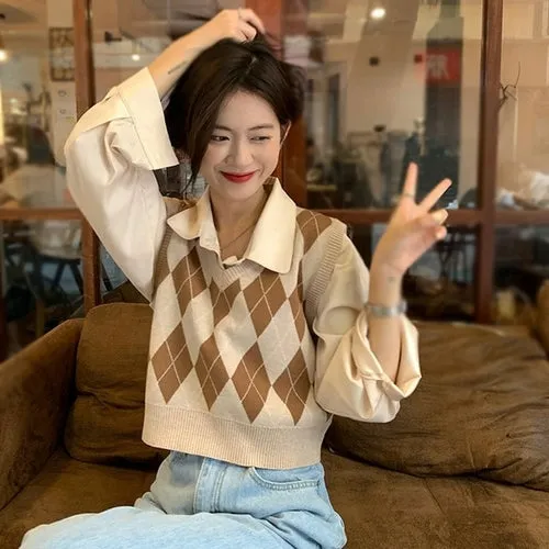 Checkerboard Plaid Sweater Vest For Women Vintage Print Knitted Mini