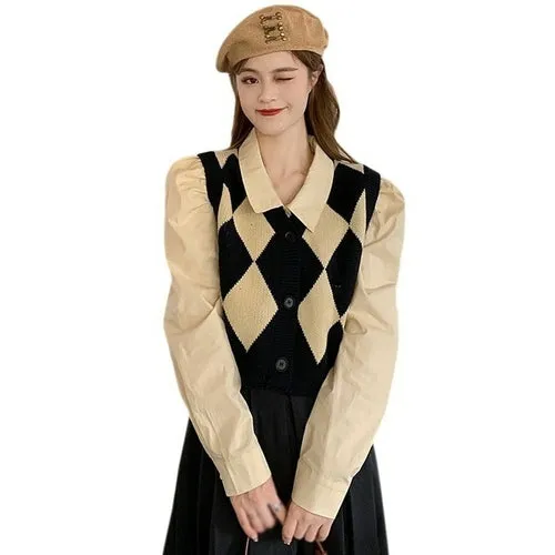 Checkerboard Plaid Sweater Vest For Women Vintage Print Knitted Mini