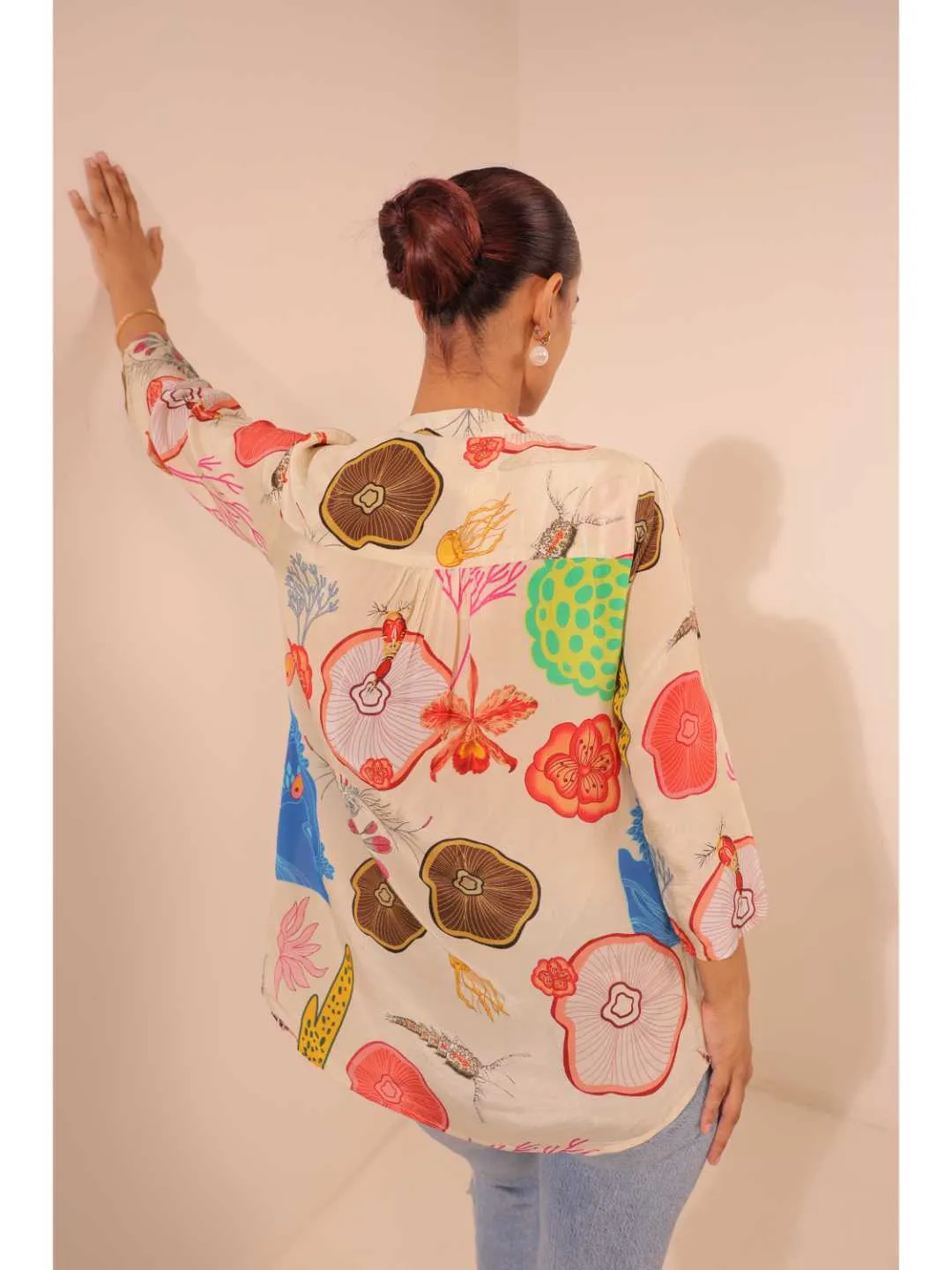 cheerful  natural crepe marine printed mandarin collar string, A-Line hand embellished top with three-forth sleeve - Multi