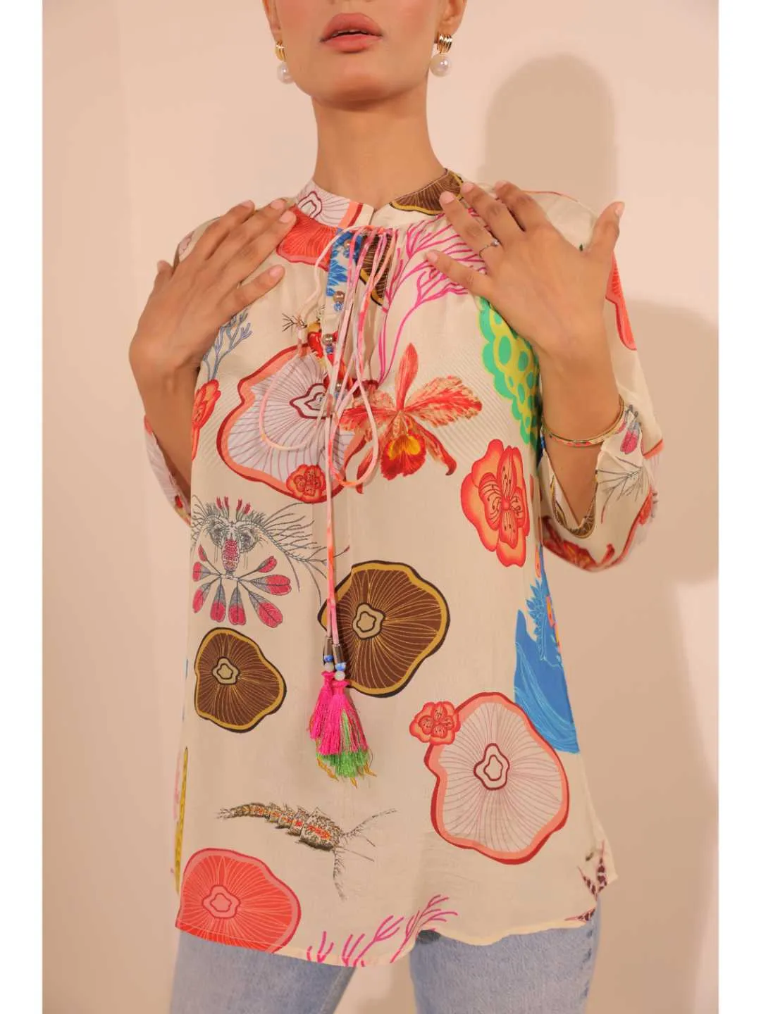 cheerful  natural crepe marine printed mandarin collar string, A-Line hand embellished top with three-forth sleeve - Multi