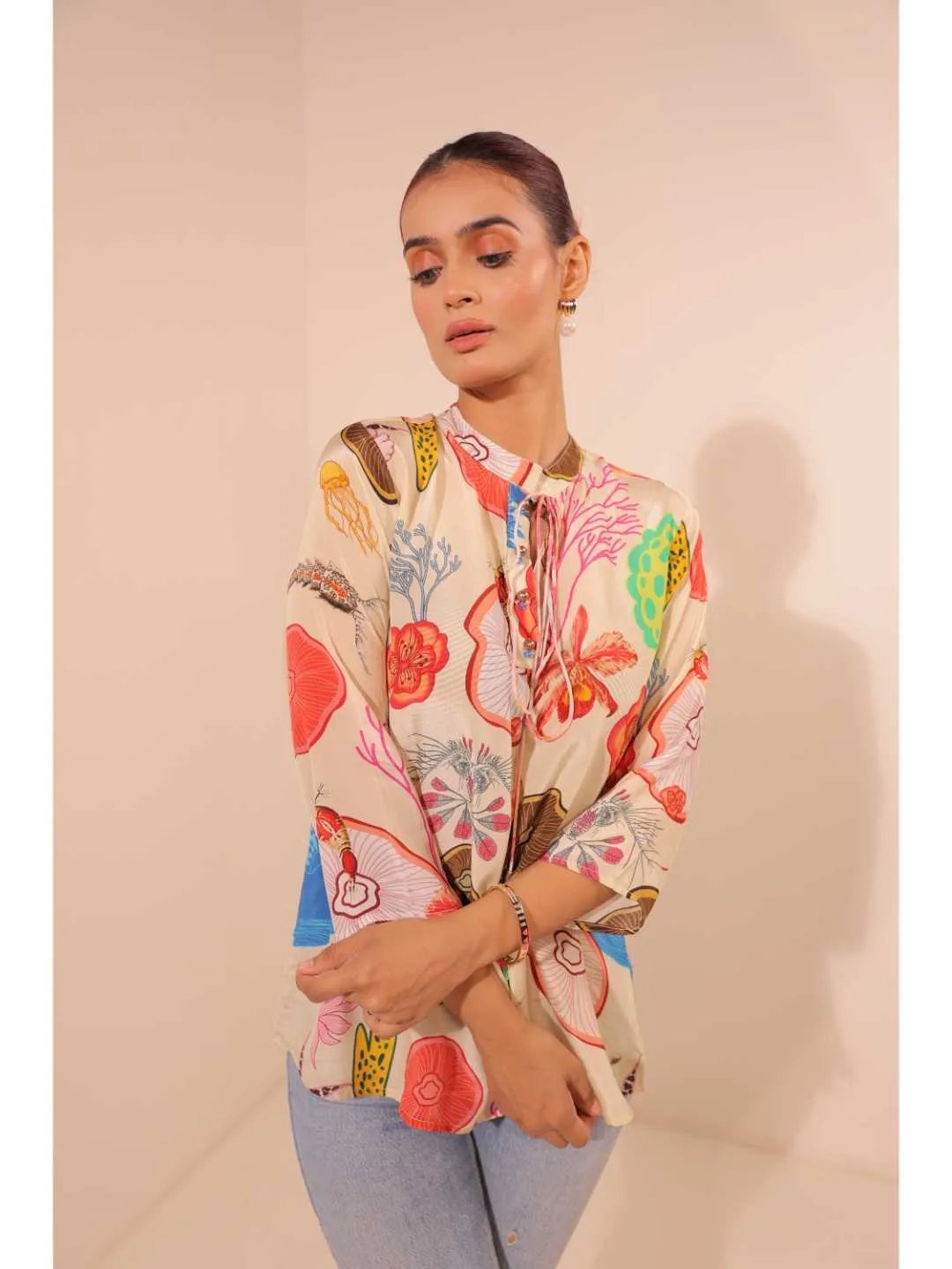 cheerful  natural crepe marine printed mandarin collar string, A-Line hand embellished top with three-forth sleeve - Multi