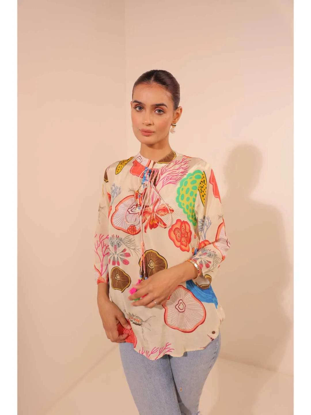 cheerful  natural crepe marine printed mandarin collar string, A-Line hand embellished top with three-forth sleeve - Multi