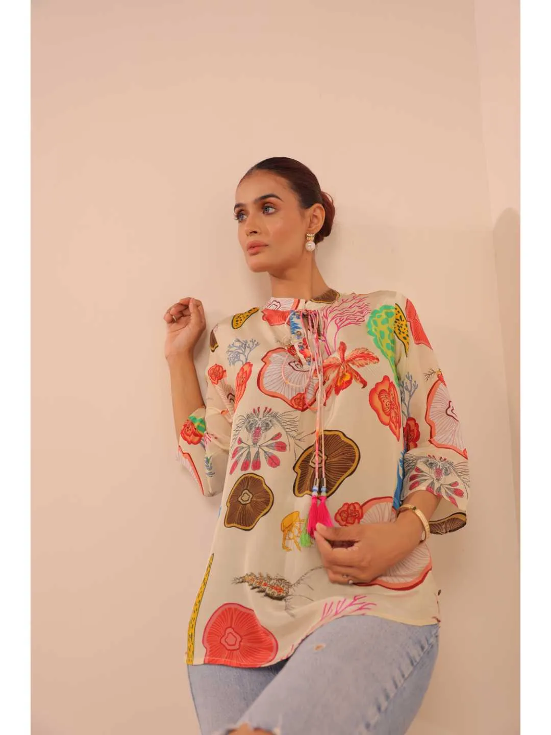 cheerful  natural crepe marine printed mandarin collar string, A-Line hand embellished top with three-forth sleeve - Multi