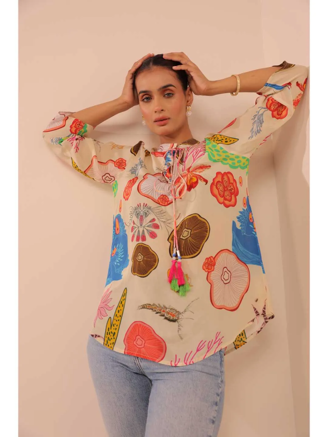cheerful  natural crepe marine printed mandarin collar string, A-Line hand embellished top with three-forth sleeve - Multi