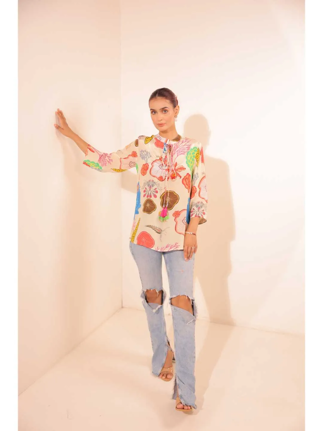 cheerful  natural crepe marine printed mandarin collar string, A-Line hand embellished top with three-forth sleeve - Multi